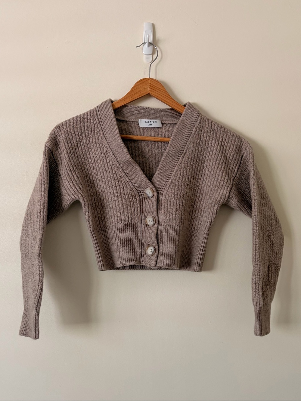 Babaton Cropped Ribbed V-Neck Cardigan - Taupe
